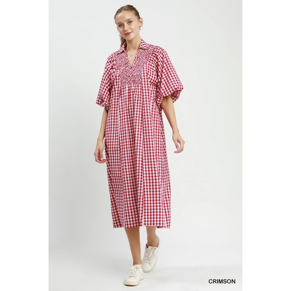 Umgee Puff Sleeve Plaid Midi Dress - Crimson - Small - Picture 4 of 5